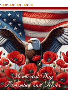 a poster for memorial day with a bald eagle surrounded by red flowers
