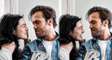 a man and a woman are looking at each other and the man is wearing a denim jacket
