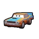a cartoon car with a blue stripe on the side is on a white background in a video game .