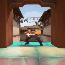 a man in a yellow jacket is holding a sword in a video game