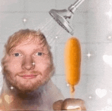 a man is taking a shower with a hot dog sticking out of the shower head