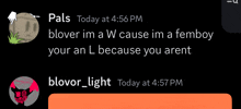a screenshot of a text message between pals and blovor light
