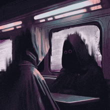 a painting of two people with hoods on looking out of a train window