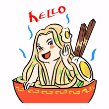 blonde girl ramen chopsticks hello