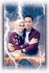 a man and a woman are hugging in front of a yellow car