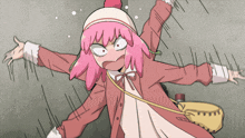 a cartoon of a girl with pink hair and a yellow purse