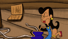 a cartoon of a woman in a blue dress holding a purple object