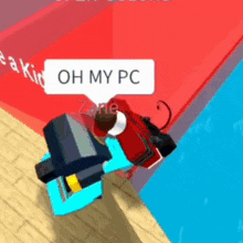 a person in a video game with a sign that says oh my pc on it