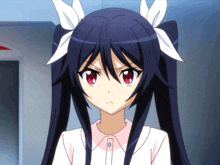 a girl with black hair and white bows on her ears looks angry