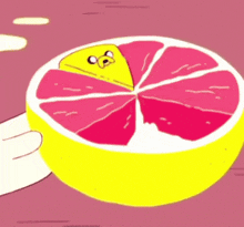 a cartoon drawing of a slice of grapefruit with a face on it .