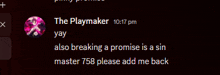 a screenshot of a text message with the playmaker