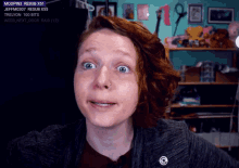 a woman with red hair looks surprised in front of a screen that says moopin3 resub x51 on it