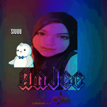 a picture of a girl with a penguin and the name ai jee