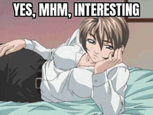 a woman in a white shirt is laying on a bed with the words yes mhm interesting above her .