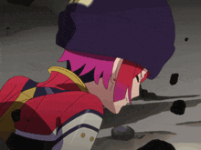 a girl with pink hair is wearing a purple beanie