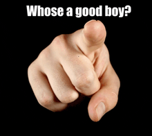 a hand pointing at the camera with the words whose a good boy below it