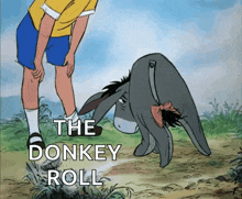a cartoon of eeyore and winnie the pooh with the words the donkey roll