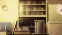 a cartoon drawing of a kitchen with a shelf full of plates and cups