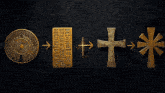 a cross and a star are surrounded by a shield and an arrow