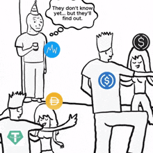 a black and white drawing of a group of people with a speech bubble saying they don 't know yet