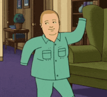 a cartoon of a man in pajamas standing in front of a couch