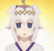 a girl with white hair and blue eyes has a crown on her head
