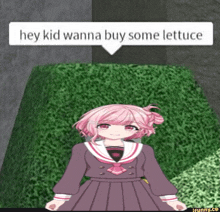 a girl with pink hair is standing in front of a hedge with a speech bubble that says hey kid wanna buy some lettuce