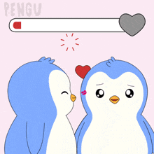 a cartoon of two penguins kissing with a heart above them and the word pengu in the corner