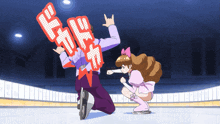 a cartoon drawing of a man and a girl with a sign that says " i love you "