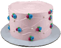 a pink cake with blue and purple frosting and pearls