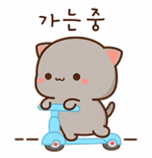 a cartoon cat is riding a blue scooter with korean writing .