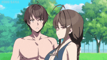 a man and a girl are standing next to each other and the girl is saying " hanf "