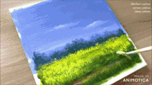 a painting of a field of yellow flowers is being painted by animatica
