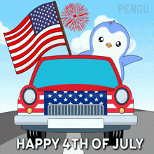 a happy 4th of july greeting card with a penguin in a car with an american flag