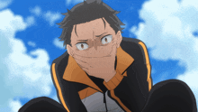 a cartoon character covering his mouth with his hand in front of a blue sky