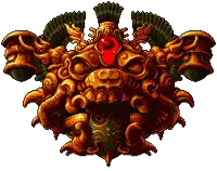 a pixel art of a statue with a red eye