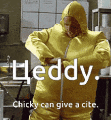 a man in a yellow protective suit with the word leddy written on it
