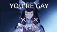 a picture of a girl with the words " you 're gay " on it