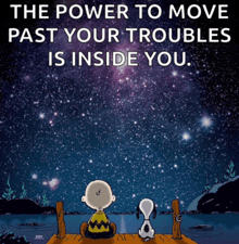 charlie brown and snoopy sit on a dock under a starry night sky