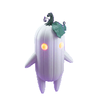 a purple pumpkin with yellow eyes and a green leaf on top