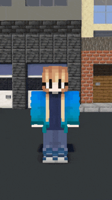 a minecraft character wearing a blue jacket stands in front of a building