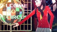 a girl in a red sweater stands in front of a welcome to the circus sign