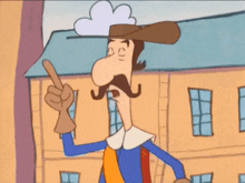 a cartoon of a man with a mustache wearing a hat with a cloud on it