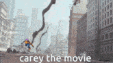 a cartoon of a city with the words carey the movie