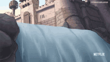 a cartoon of a waterfall with a castle in the background and netflix written on the bottom