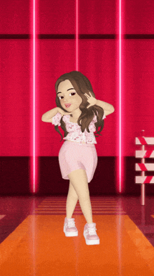 a cartoon girl in a pink outfit is standing on an orange carpet