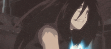 a cartoon character with long black hair is smiling and holding a blue object
