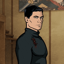 a cartoon of a man with a bullet hole in his shirt