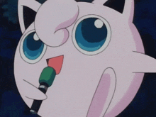 a pink cartoon character is holding a green microphone
