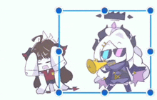 a cartoon character is playing a trumpet next to another cartoon character .